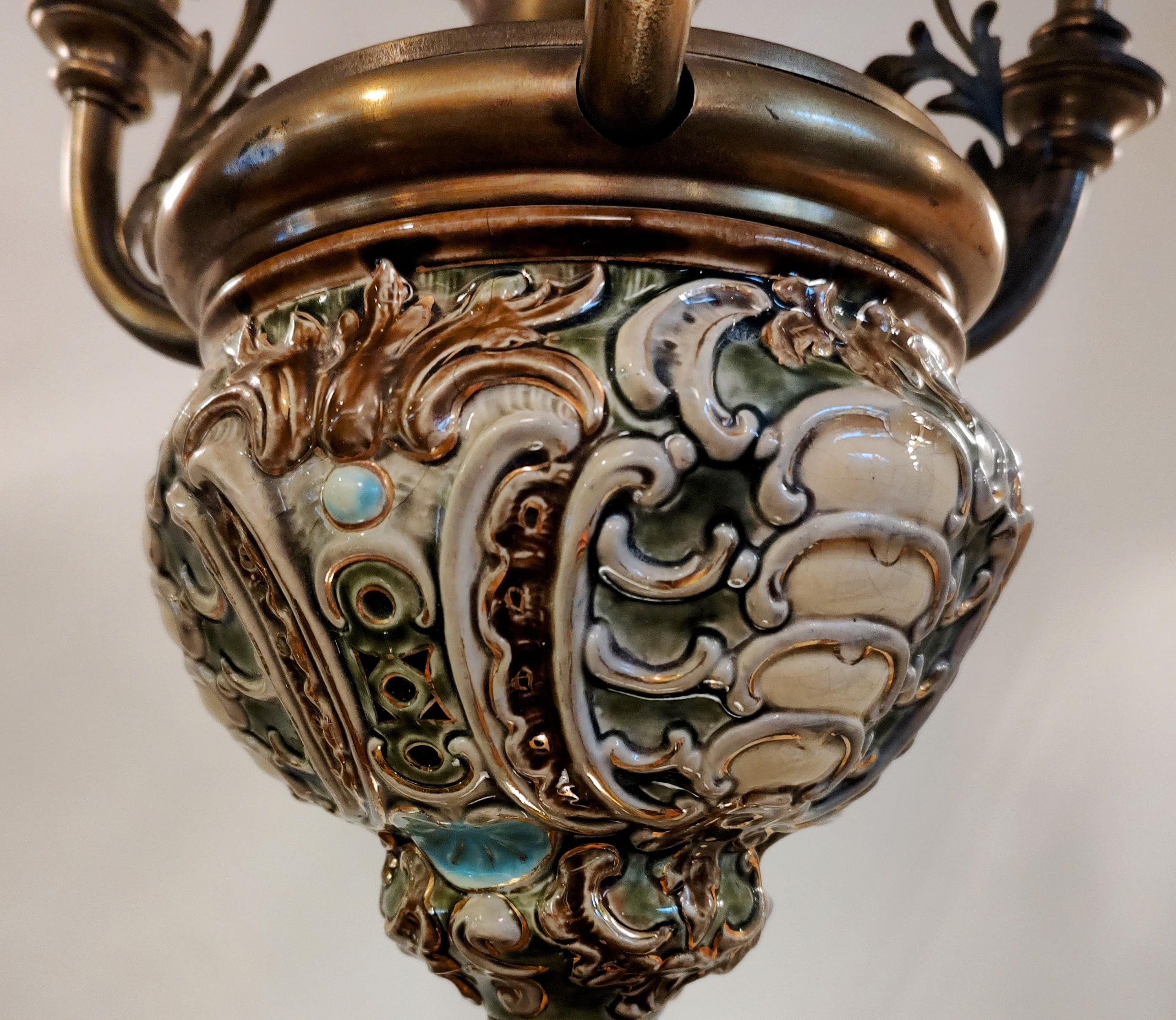 Stunning Italian Maiolica Ceramic and Brass Ceiling Lamp with four glass shades For Sale 2