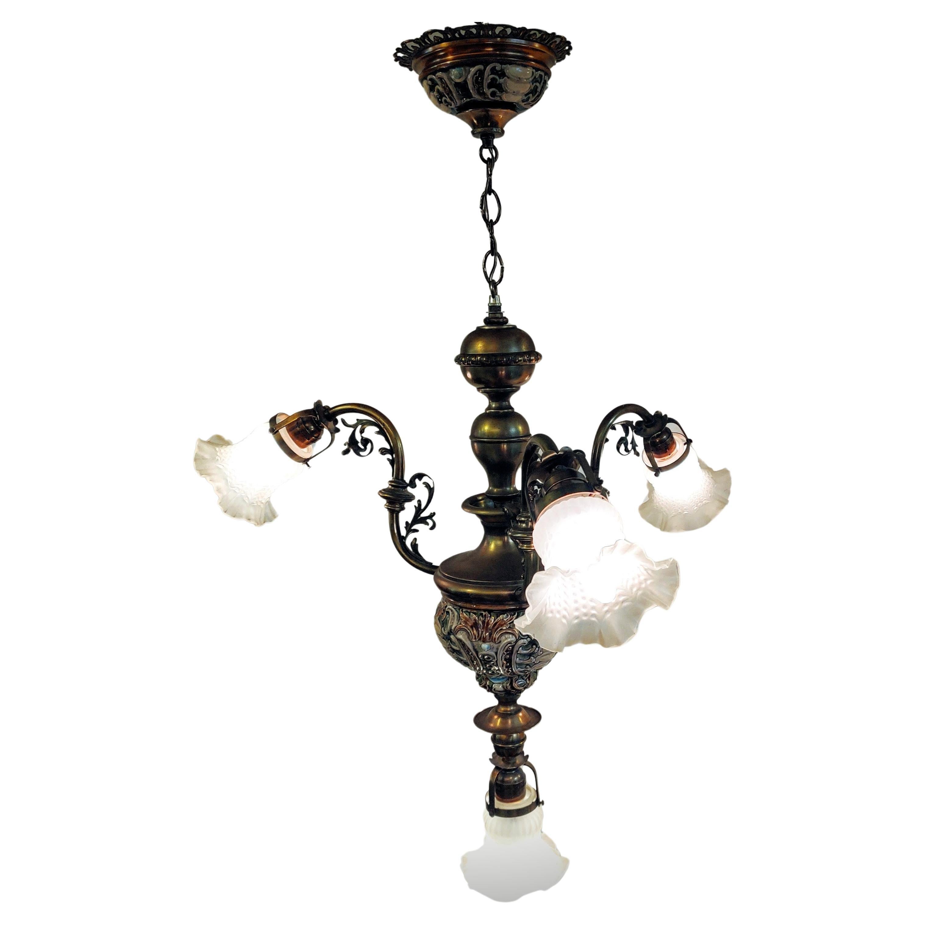 Stunning Italian Maiolica Ceramic and Brass Ceiling Lamp with four glass shades For Sale