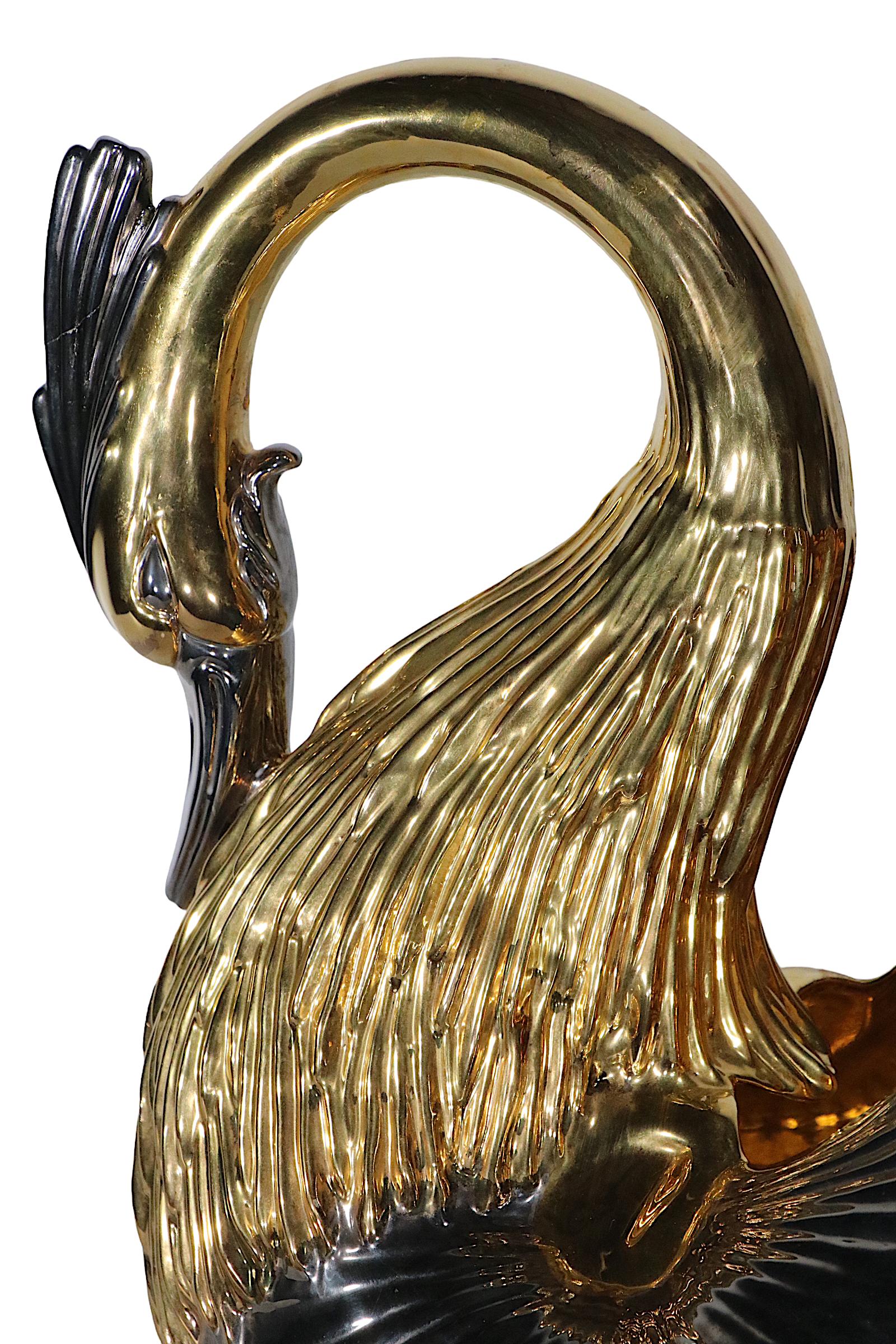 Stunning Italian Porcelain Ceramic Swan in Gold Luster and Dark Silver, c 1970s For Sale 3