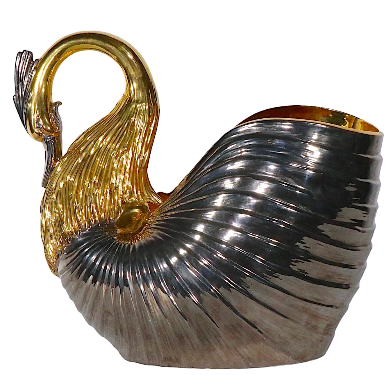 Stunning Italian Porcelain Ceramic Swan in Gold Luster and Dark Silver, c 1970s For Sale 6