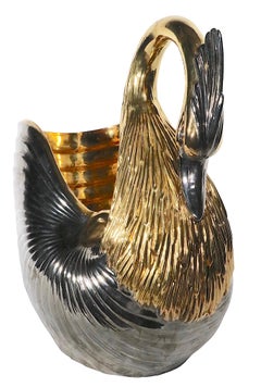 Stunning Italian Porcelain Ceramic Swan in Gold Luster and Dark Silver, c 1970s