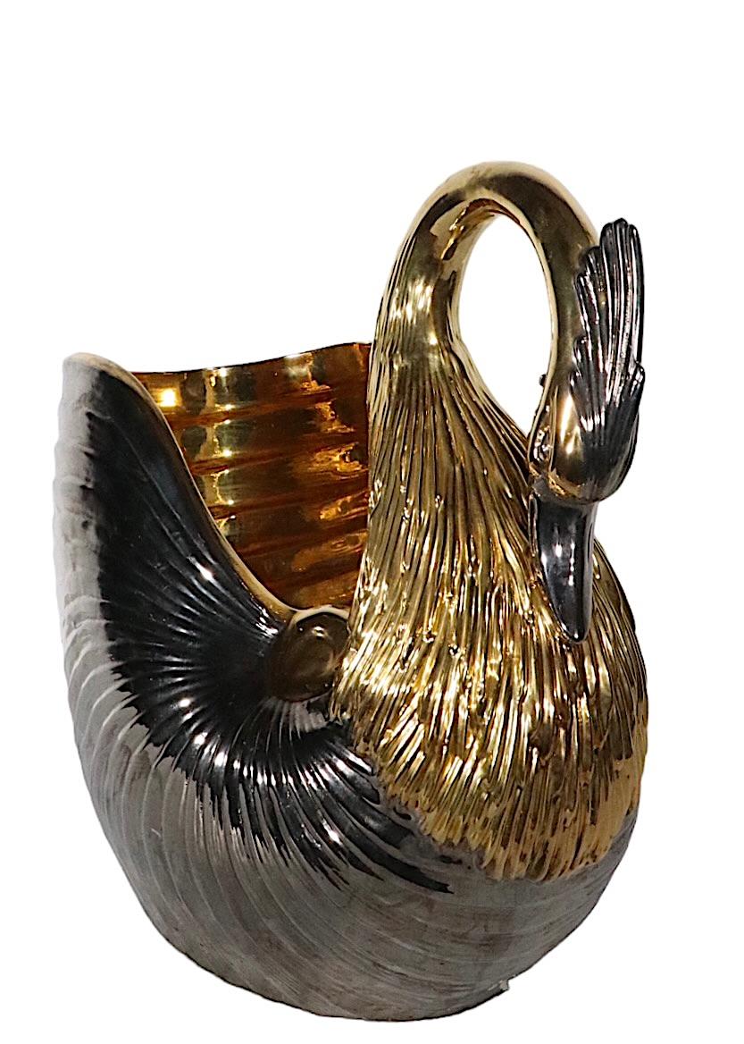 Hollywood Regency Stunning Italian Porcelain Ceramic Swan in Gold Luster and Dark Silver, c 1970s For Sale