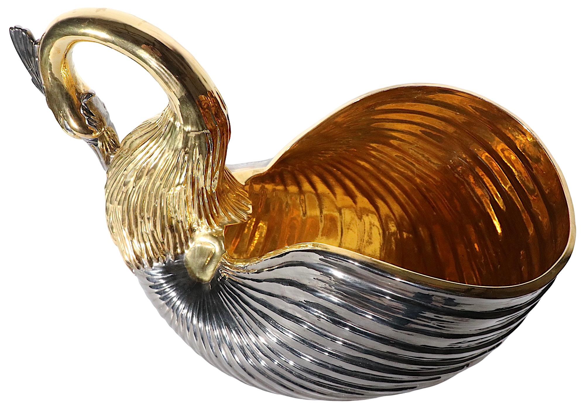Stunning Italian Porcelain Ceramic Swan in Gold Luster and Dark Silver, c 1970s For Sale 1