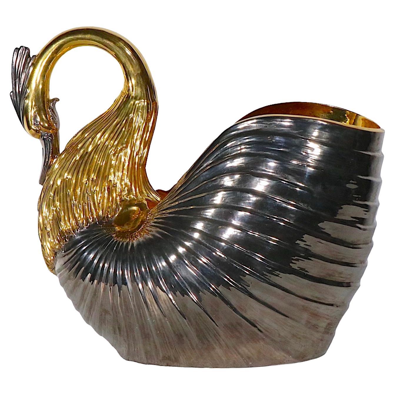 Stunning Italian Porcelain Ceramic Swan in Gold Luster and Dark Silver, c 1970s For Sale