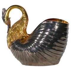 Stunning Italian Porcelain Ceramic Swan in Gold Luster and Dark Silver, c 1970s