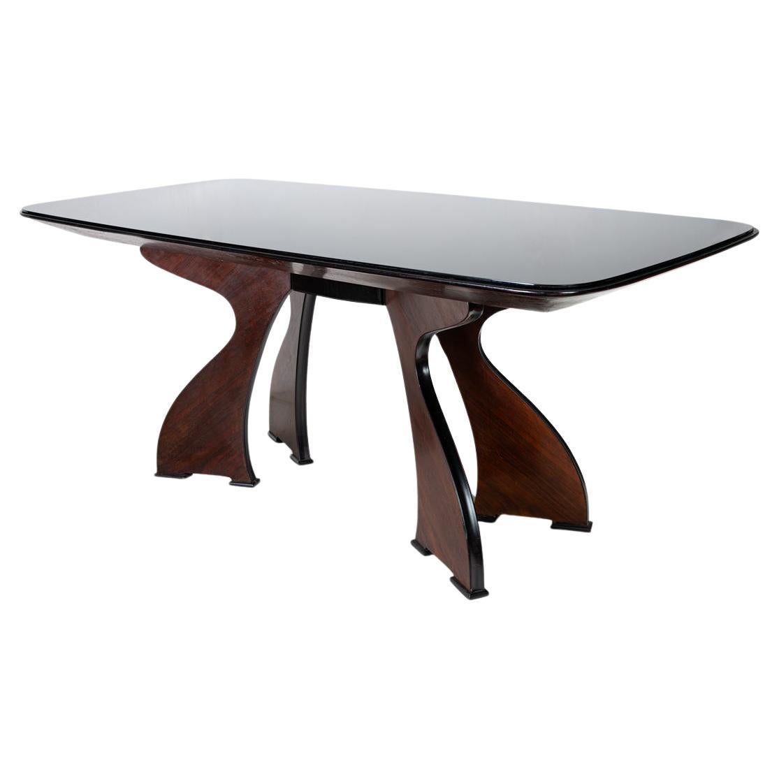Stunning Italian wood and  Black Opaline Glass Dining Table, 1940 For Sale