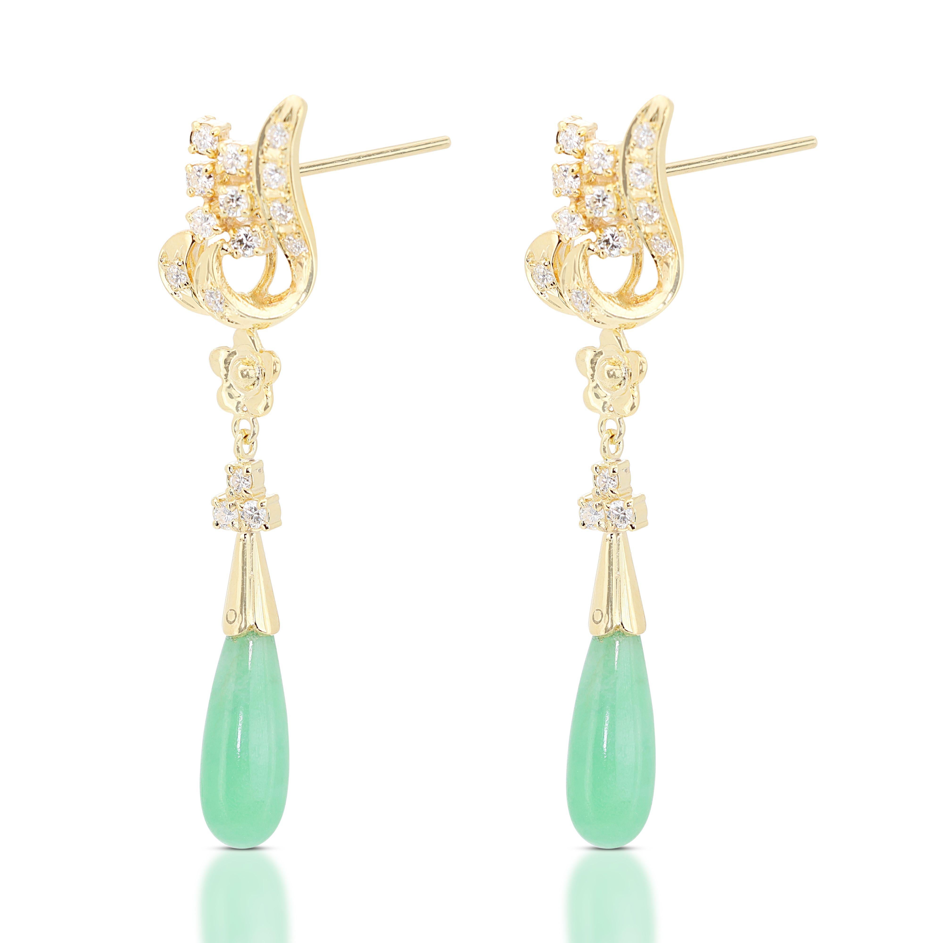 Pear Cut Stunning Jade and Diamond Drop Earrings in 14K Yellow Gold For Sale