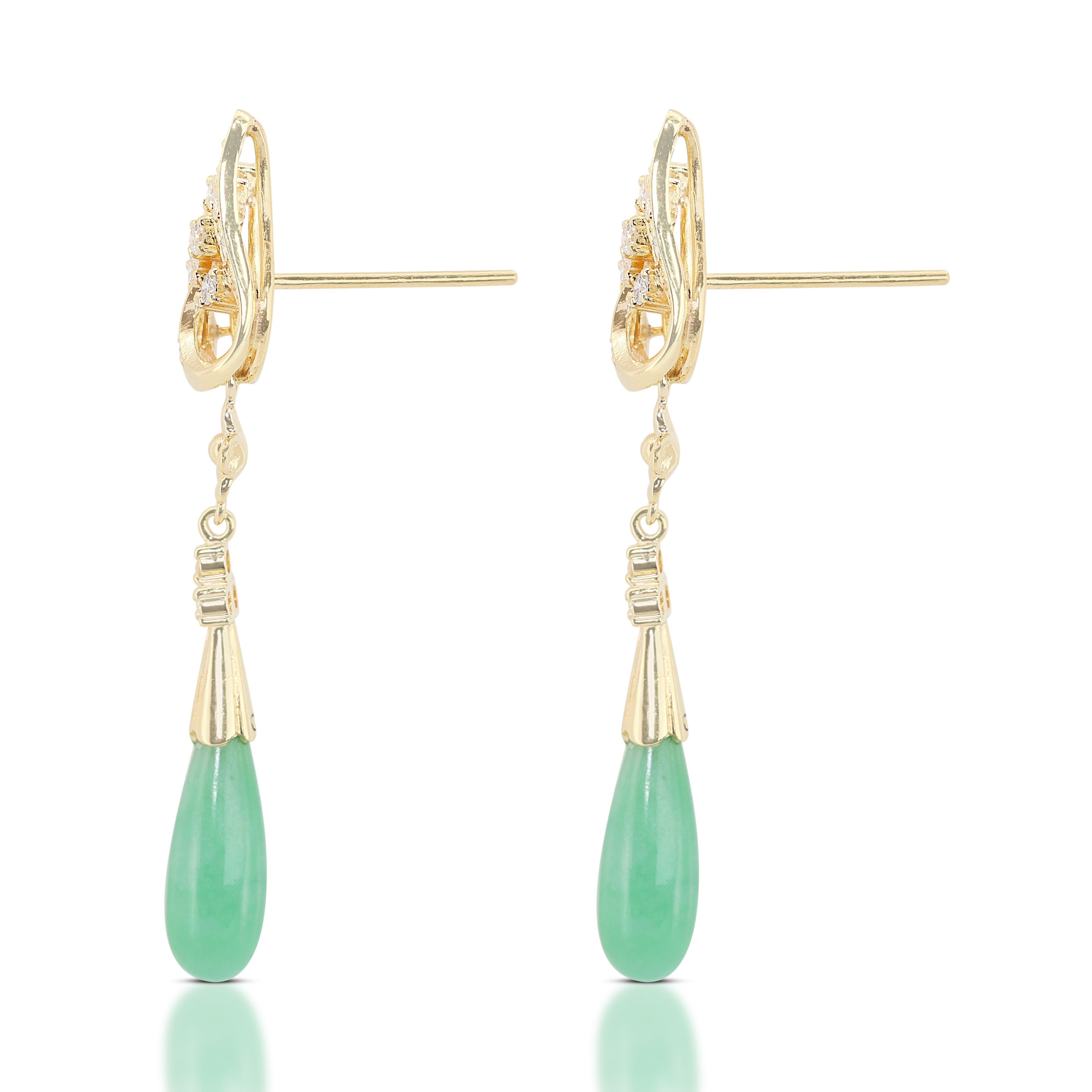 Women's Stunning Jade and Diamond Drop Earrings in 14K Yellow Gold For Sale