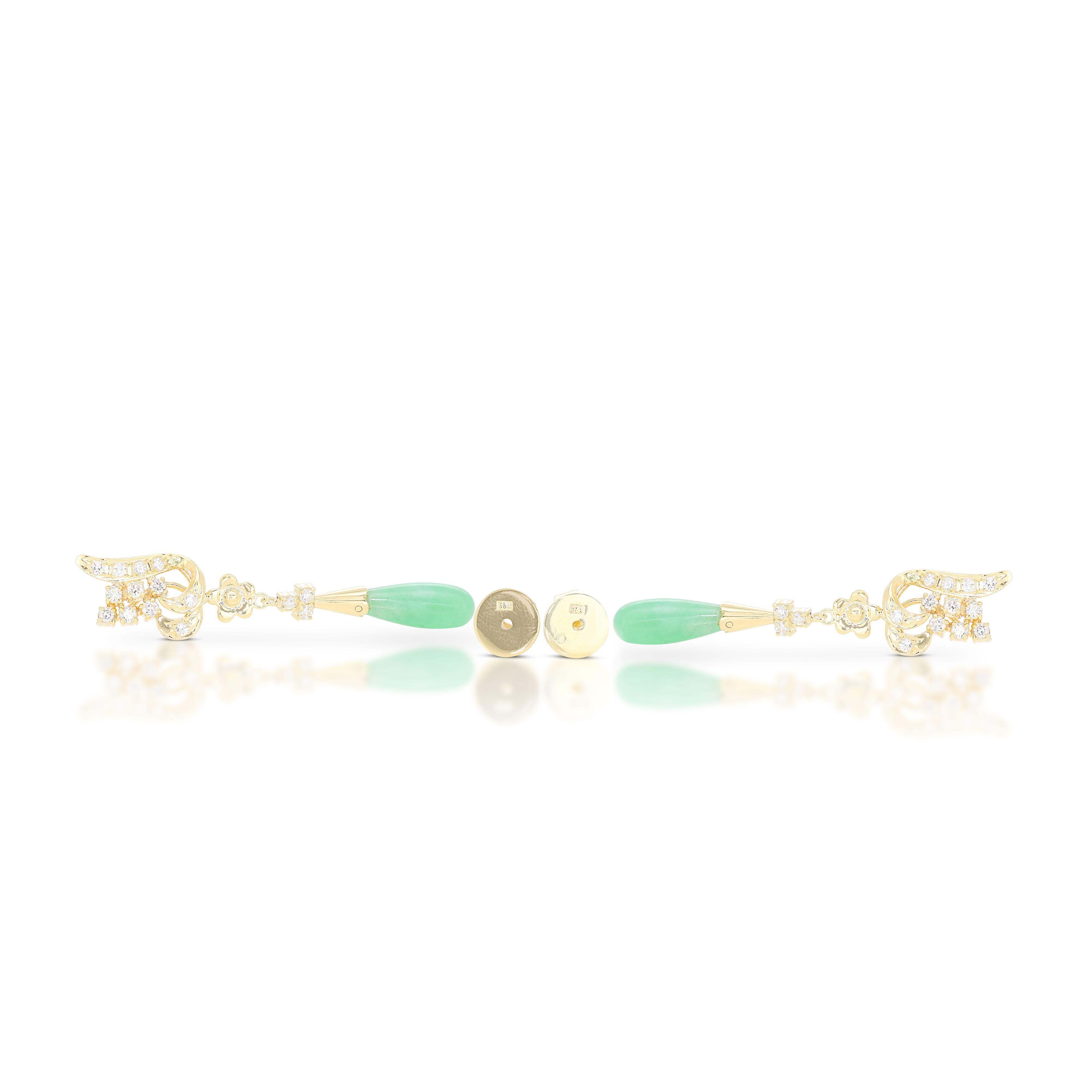Stunning Jade and Diamond Drop Earrings in 14K Yellow Gold For Sale 1