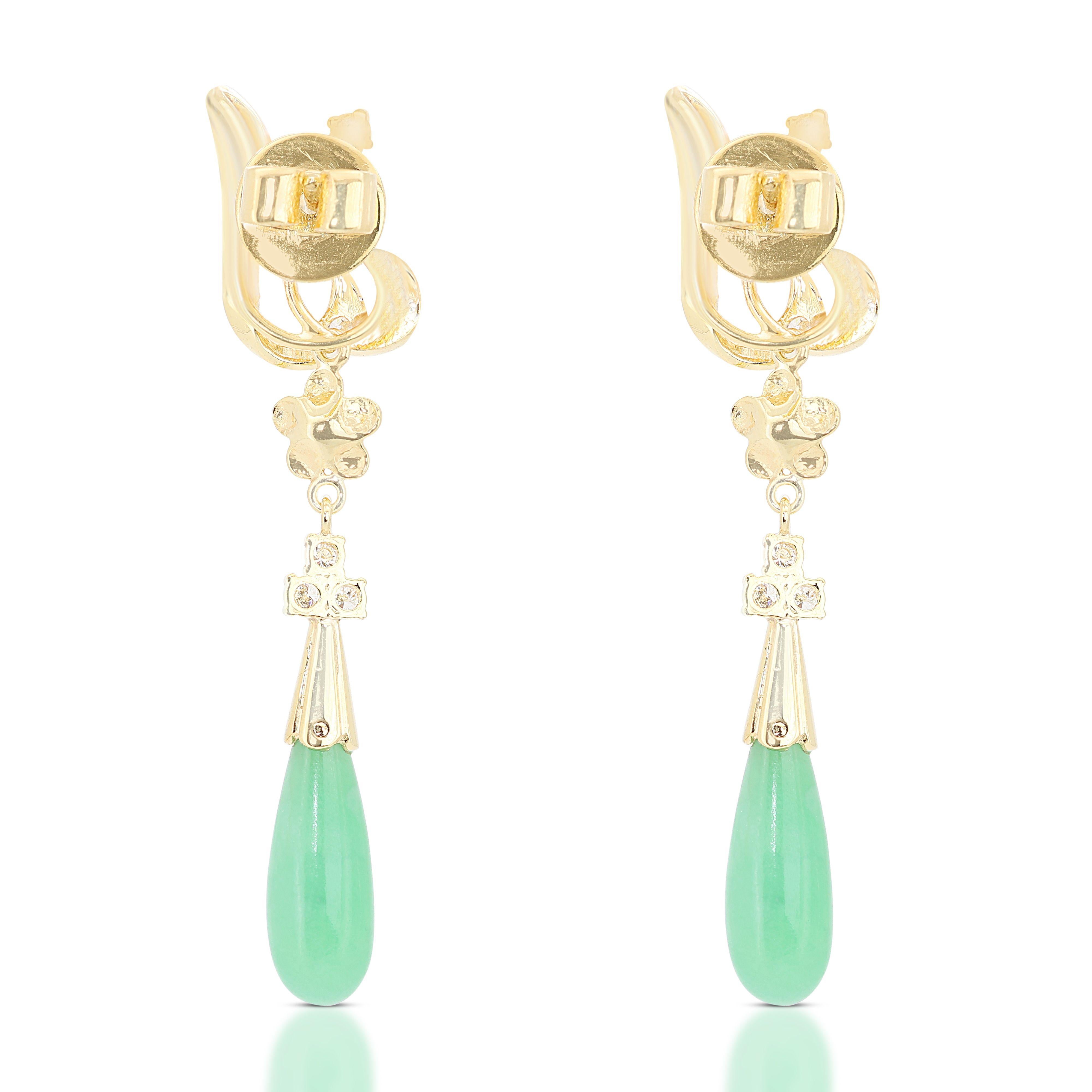 Stunning Jade and Diamond Drop Earrings in 14K Yellow Gold For Sale 2