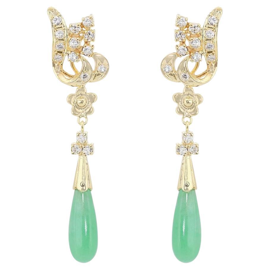 Stunning Jade and Diamond Drop Earrings in 14K Yellow Gold For Sale
