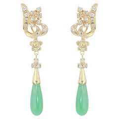 Stunning Jade and Diamond Drop Earrings in 14K Yellow Gold