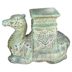 Stunning Jade Green Ceramic Hollywood Regency Camel Garden Stool or Side Table