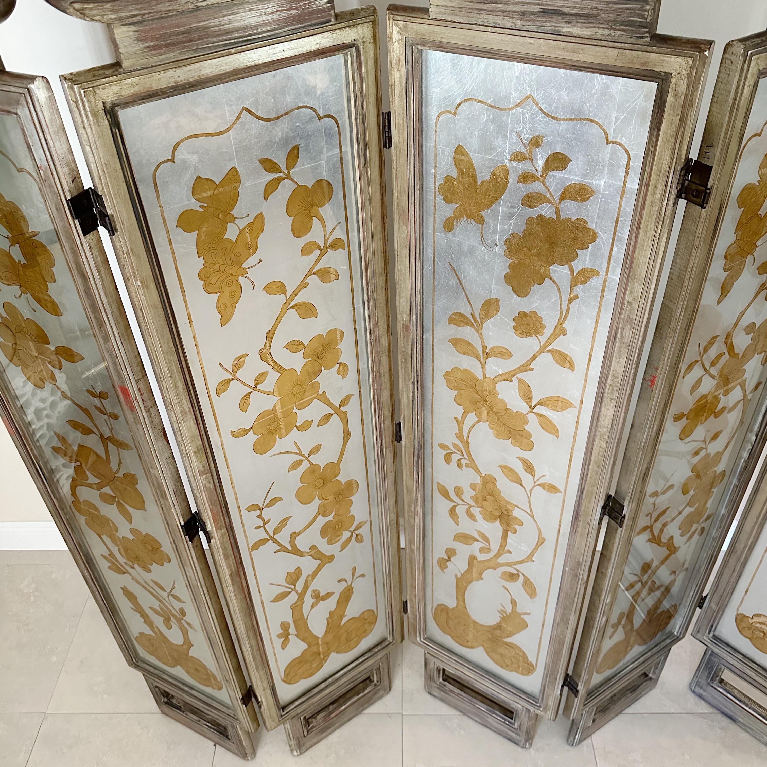 Hand-Crafted Stunning James Mont Five-Panel Eglomise Room Divider Screen From the 1950s For Sale