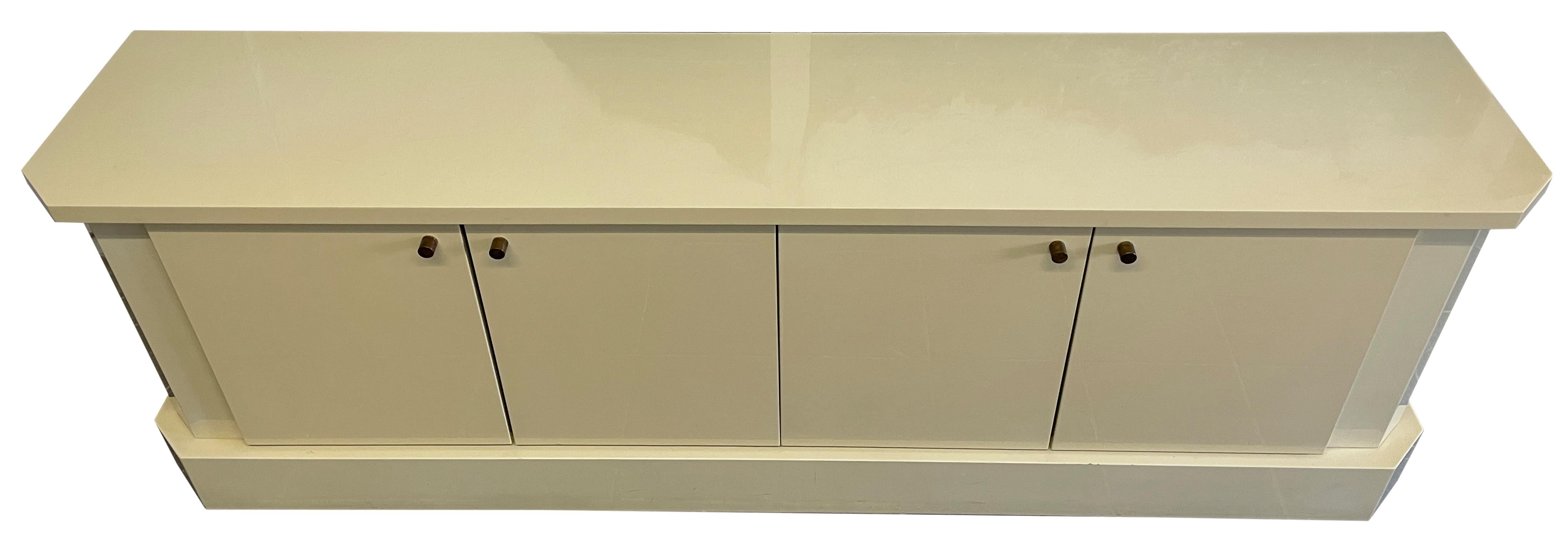 Stunning Jean Claude Mahey Credenza 4 Door Brass Pulls Ivory Lacquer France 2