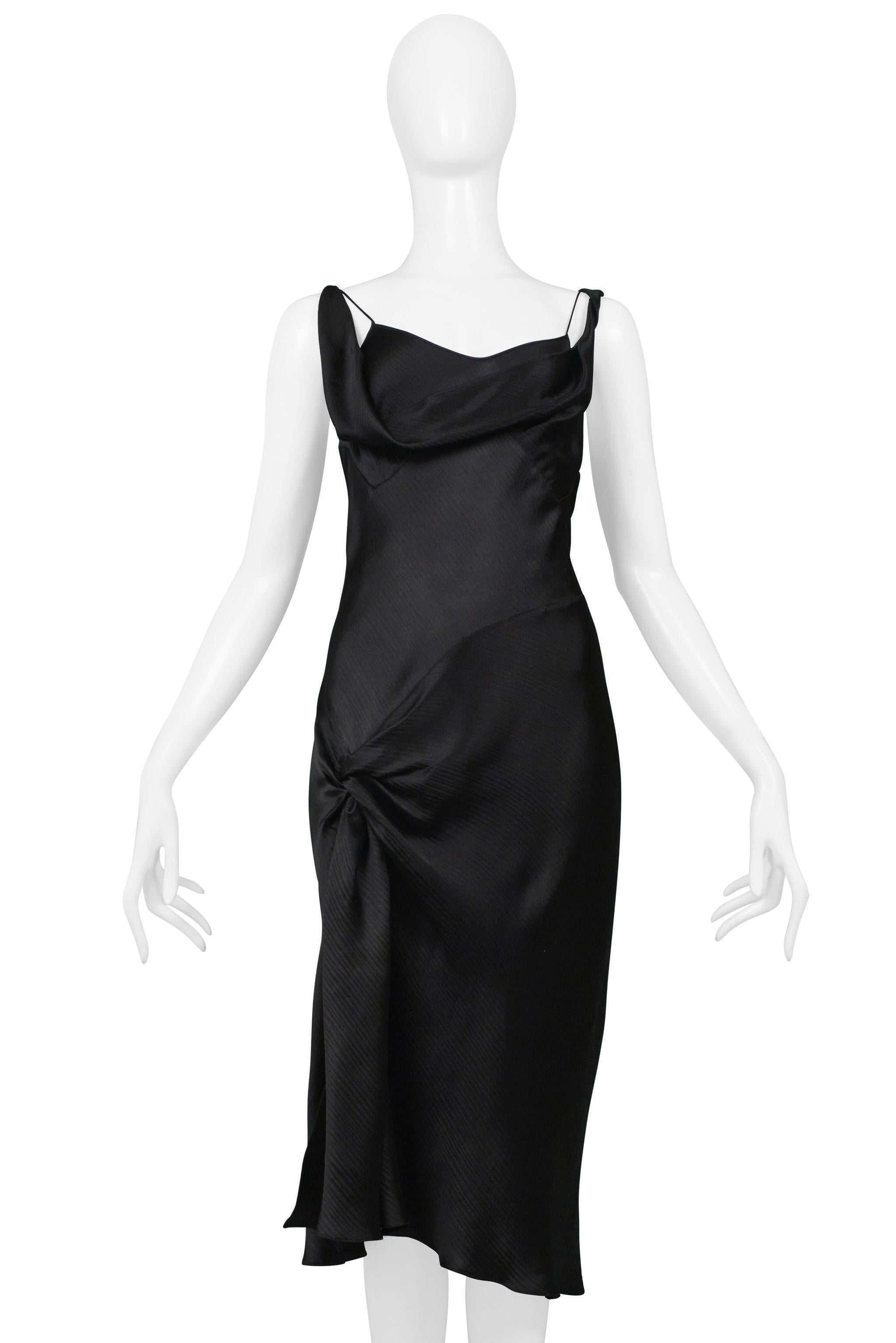 Women's Stunning John Galliano Black Satin Slip Dress with Hip Knot and Slit 1990s For Sale