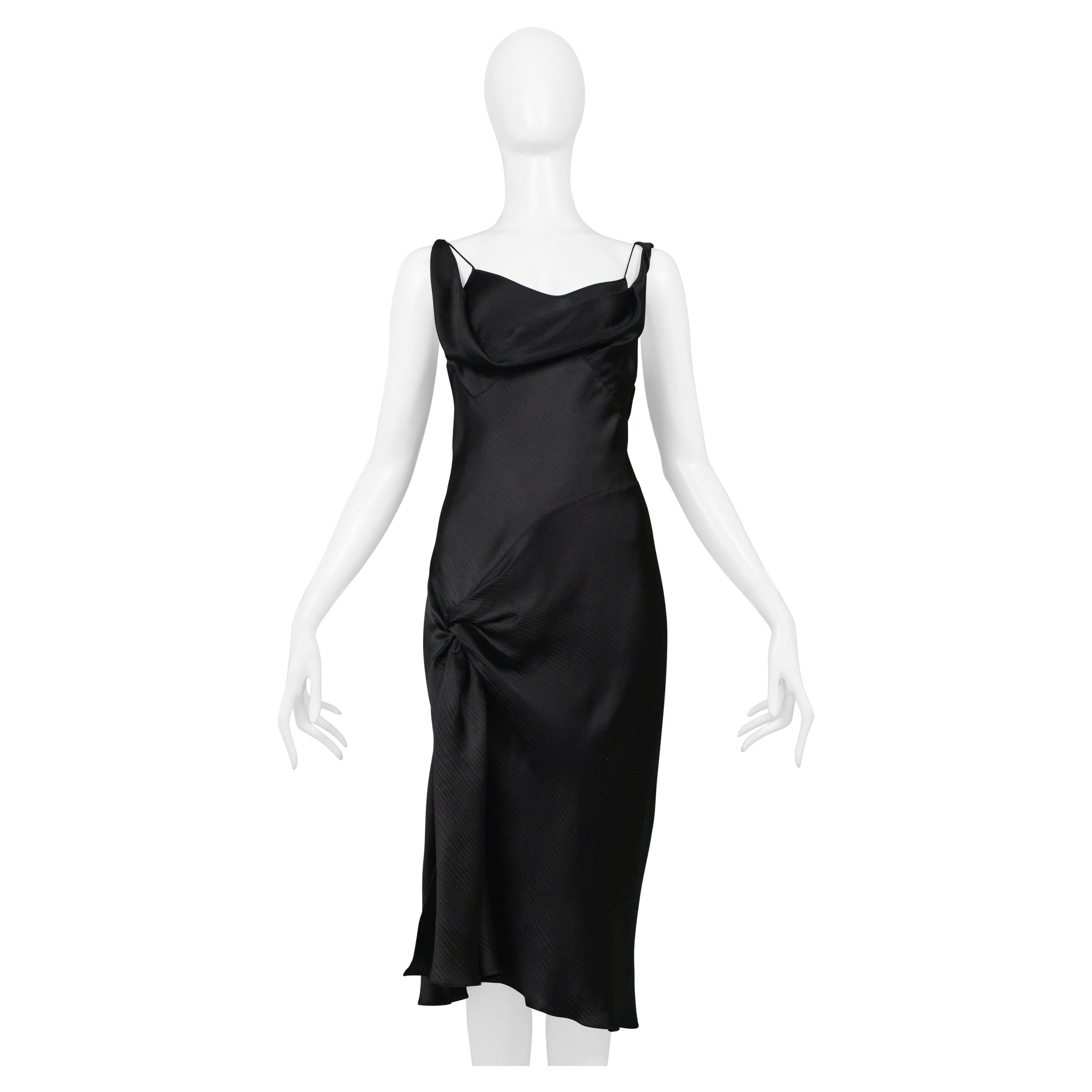 Stunning John Galliano Black Satin Slip Dress with Hip Knot and Slit 1990s For Sale
