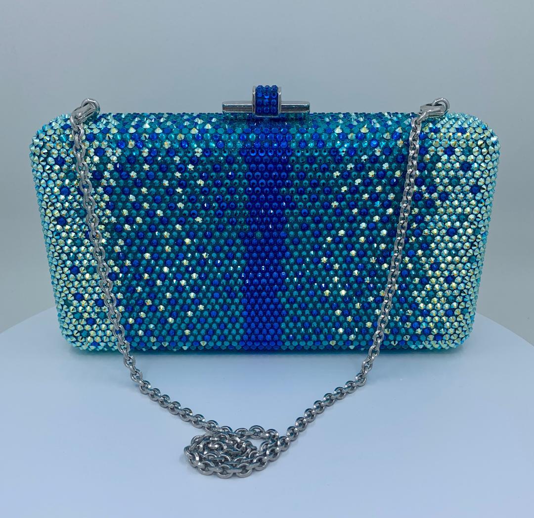 Stunning Judith Leiber Peacock Blue Shimmering Crystal Minaudiere Evening Bag 3