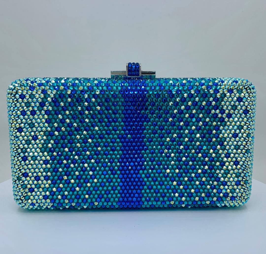 Stunning Judith Leiber Peacock Blue Shimmering Crystal Minaudiere Evening Bag 5
