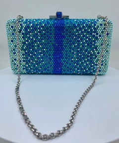 Stunning Judith Leiber Peacock Blue Shimmering Crystal Minaudiere Evening Bag