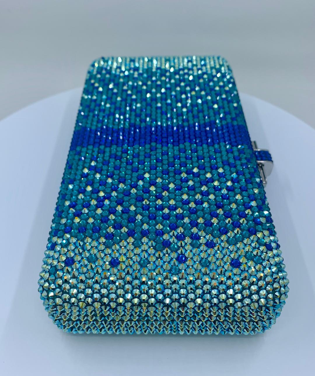 Stunning Judith Leiber Peacock Blue Shimmering Crystal Minaudiere Evening Bag In Good Condition In Tustin, CA