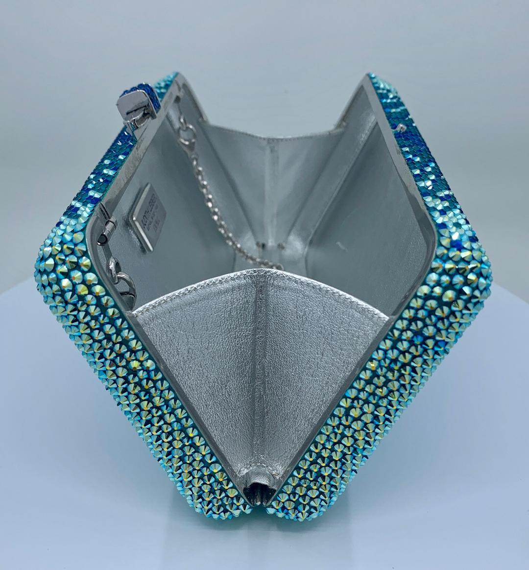 Stunning Judith Leiber Peacock Blue Shimmering Crystal Minaudiere Evening Bag 1