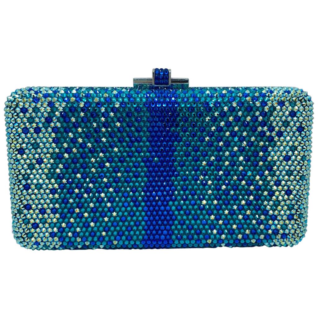 Stunning Judith Leiber Peacock Blue Shimmering Crystal Minaudiere Evening Bag