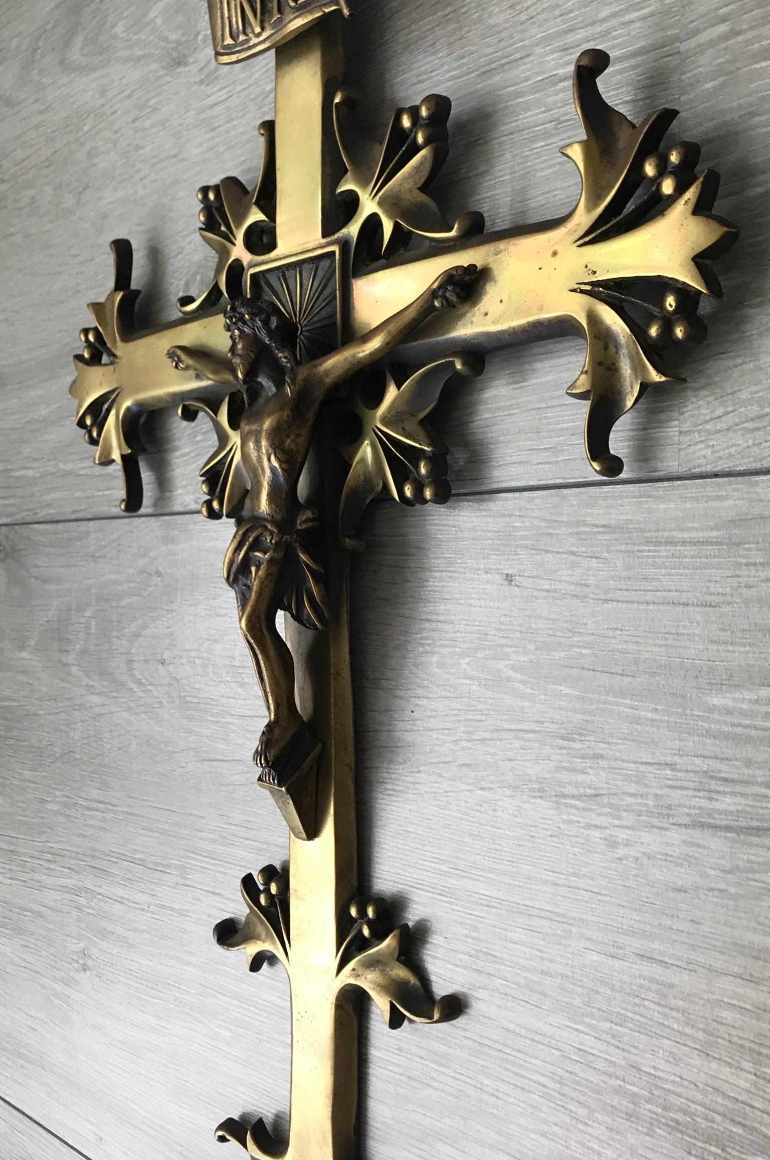 Stunning Jugendstil Era Crucifix Christ on Stylized Gothic Revival Bronze Cross 5