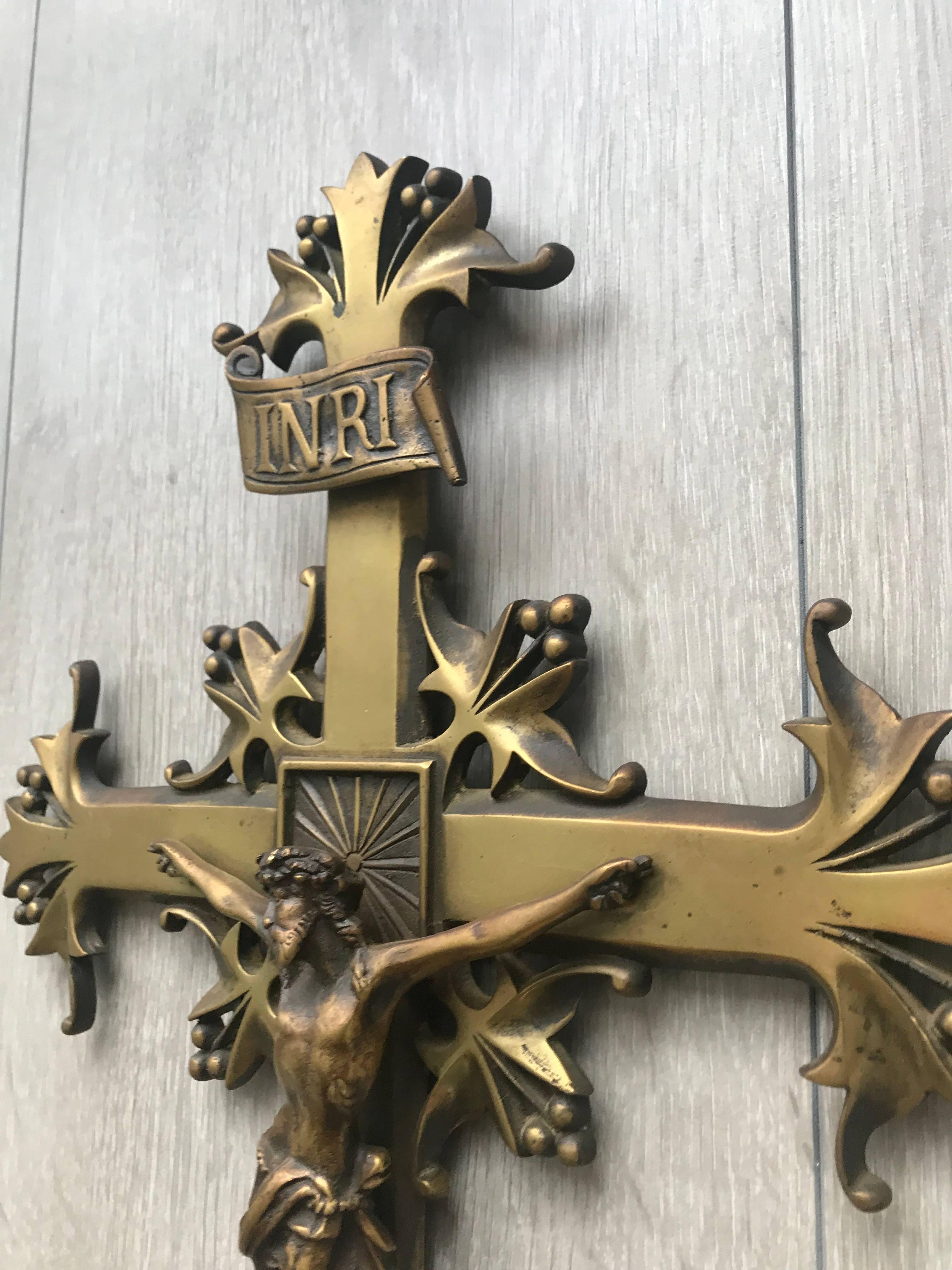 Stunning Jugendstil Era Crucifix Christ on Stylized Gothic Revival Bronze Cross 1