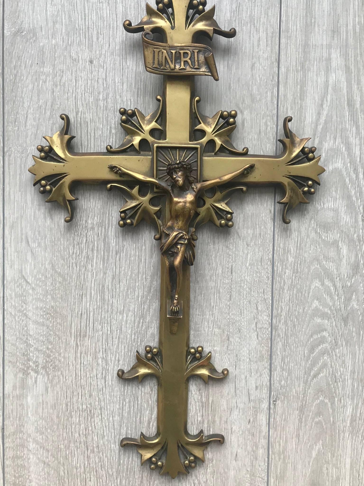 Stunning Jugendstil Era Crucifix Christ on Stylized Gothic Revival Bronze Cross 2