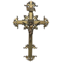Antique Stunning Jugendstil Era Crucifix Christ on Stylized Gothic Revival Bronze Cross