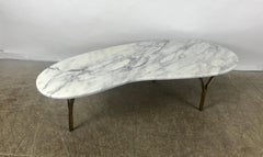 Stunning Kidney Shape Italian Marble and Brass Coffee or Cocktail Table