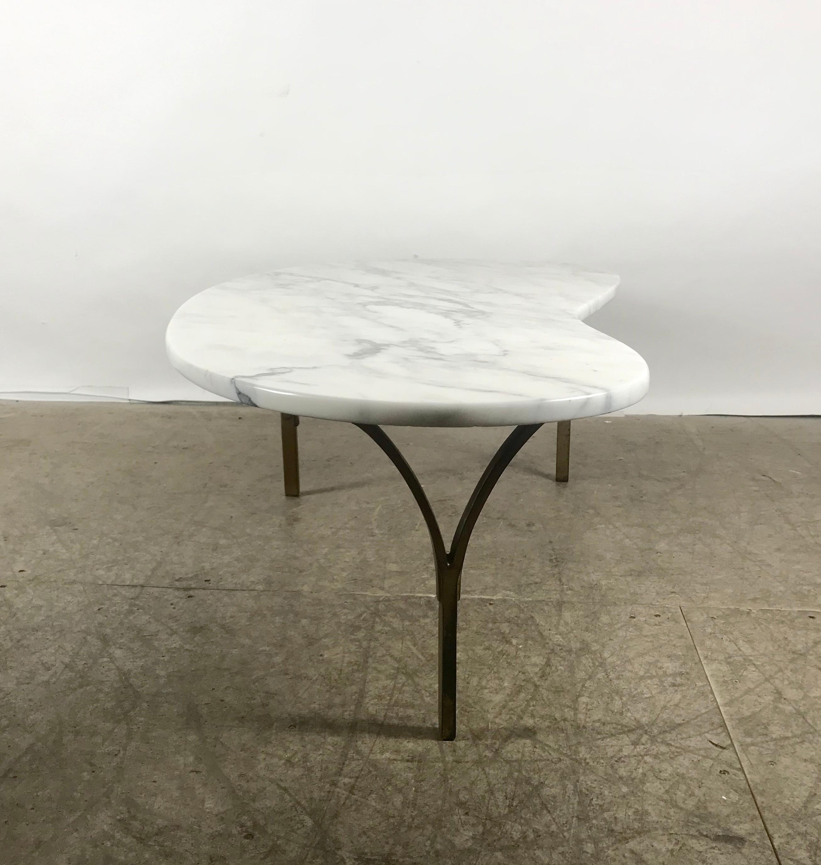 Polished Stunning Kidney Shape Italian Marble and Brass Coffee or Cocktail Table