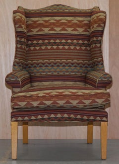 Stunning Kilim Wool Upholstered Wingback Armchair Beech Frame Diamond Pattern