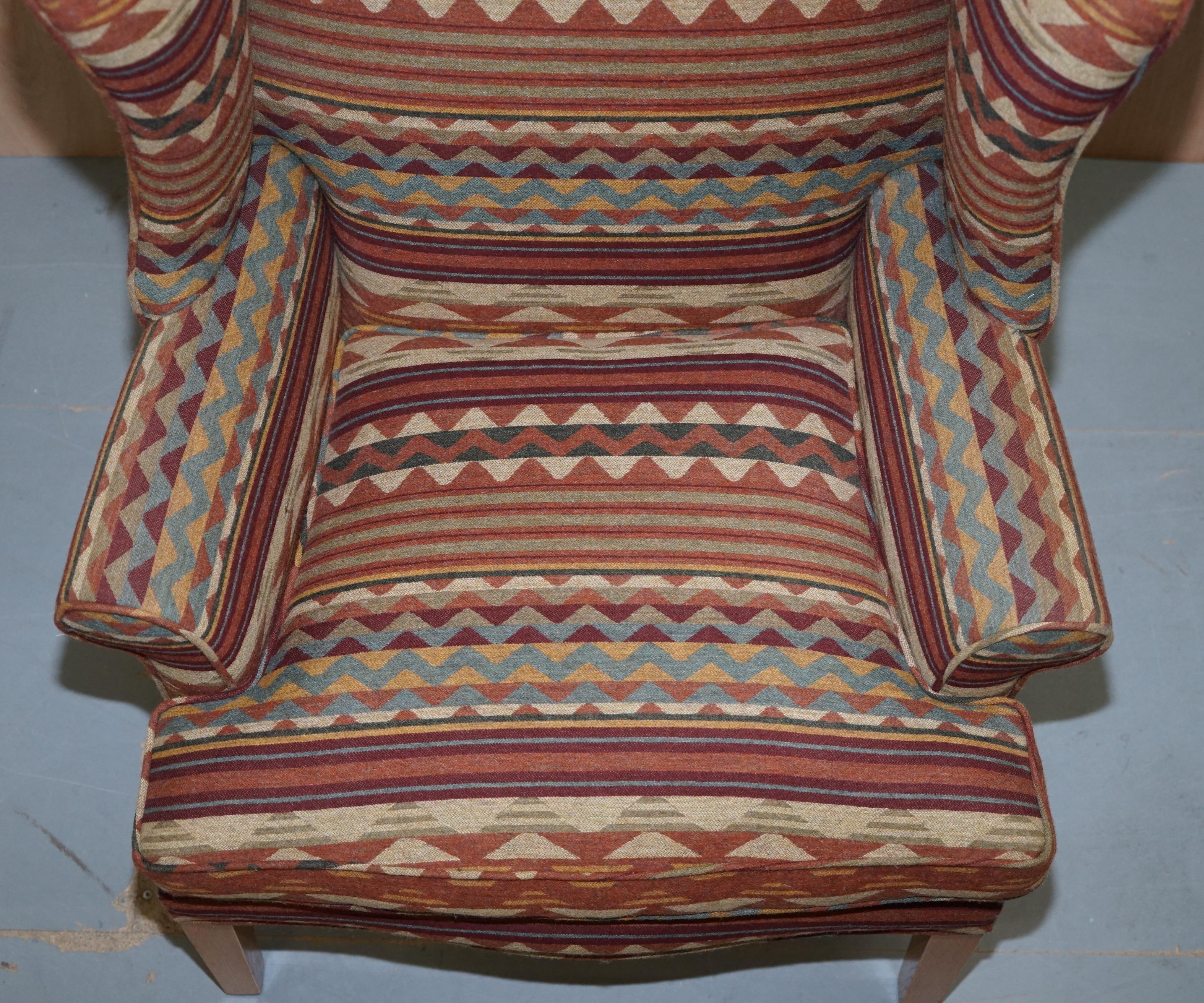 Mid-Century Modern Stunning Kilim Wool Upholstered Wingback Armchair Beech Frame Diamond Pattern For Sale