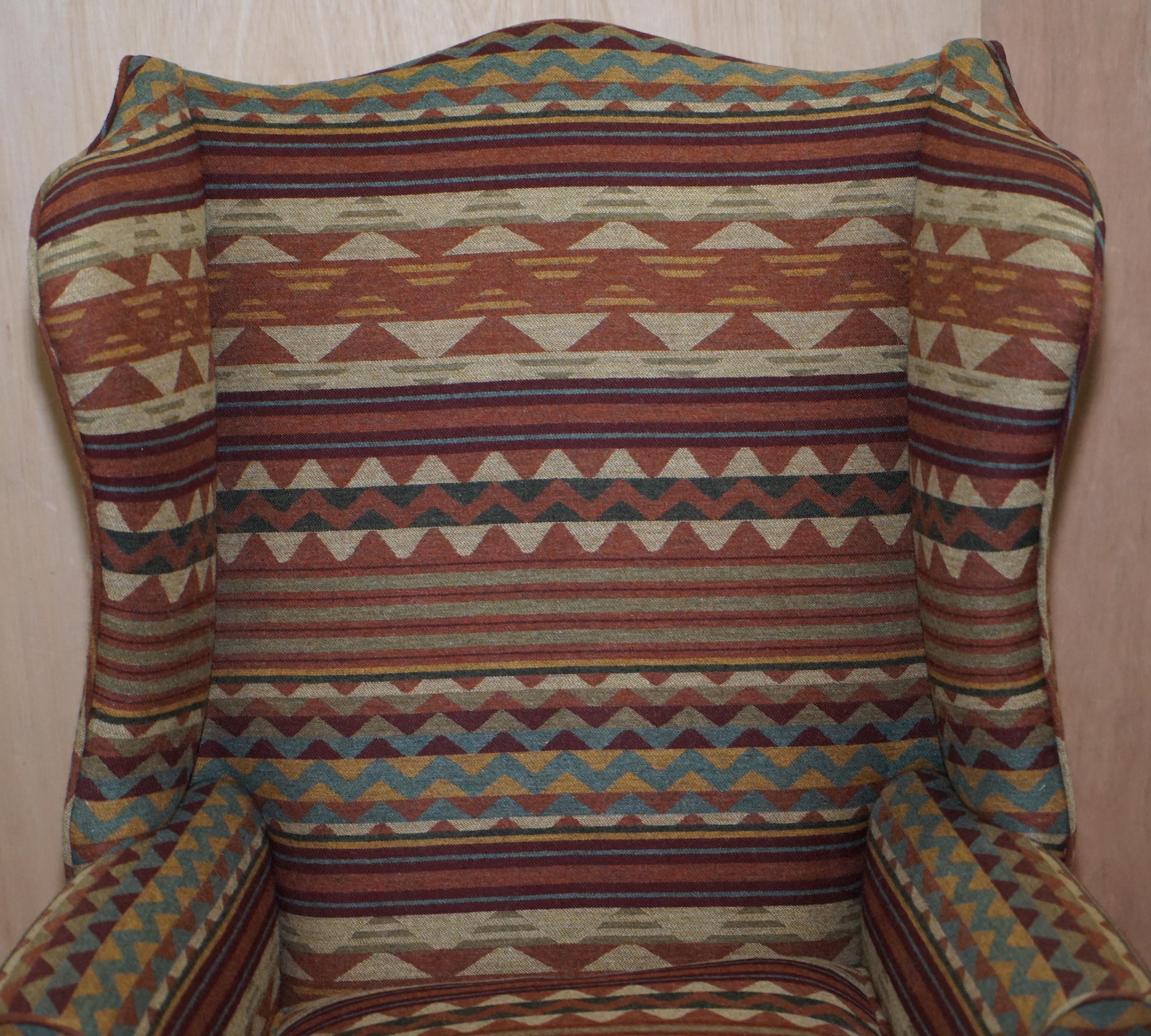 Hand-Crafted Stunning Kilim Wool Upholstered Wingback Armchair Beech Frame Diamond Pattern For Sale