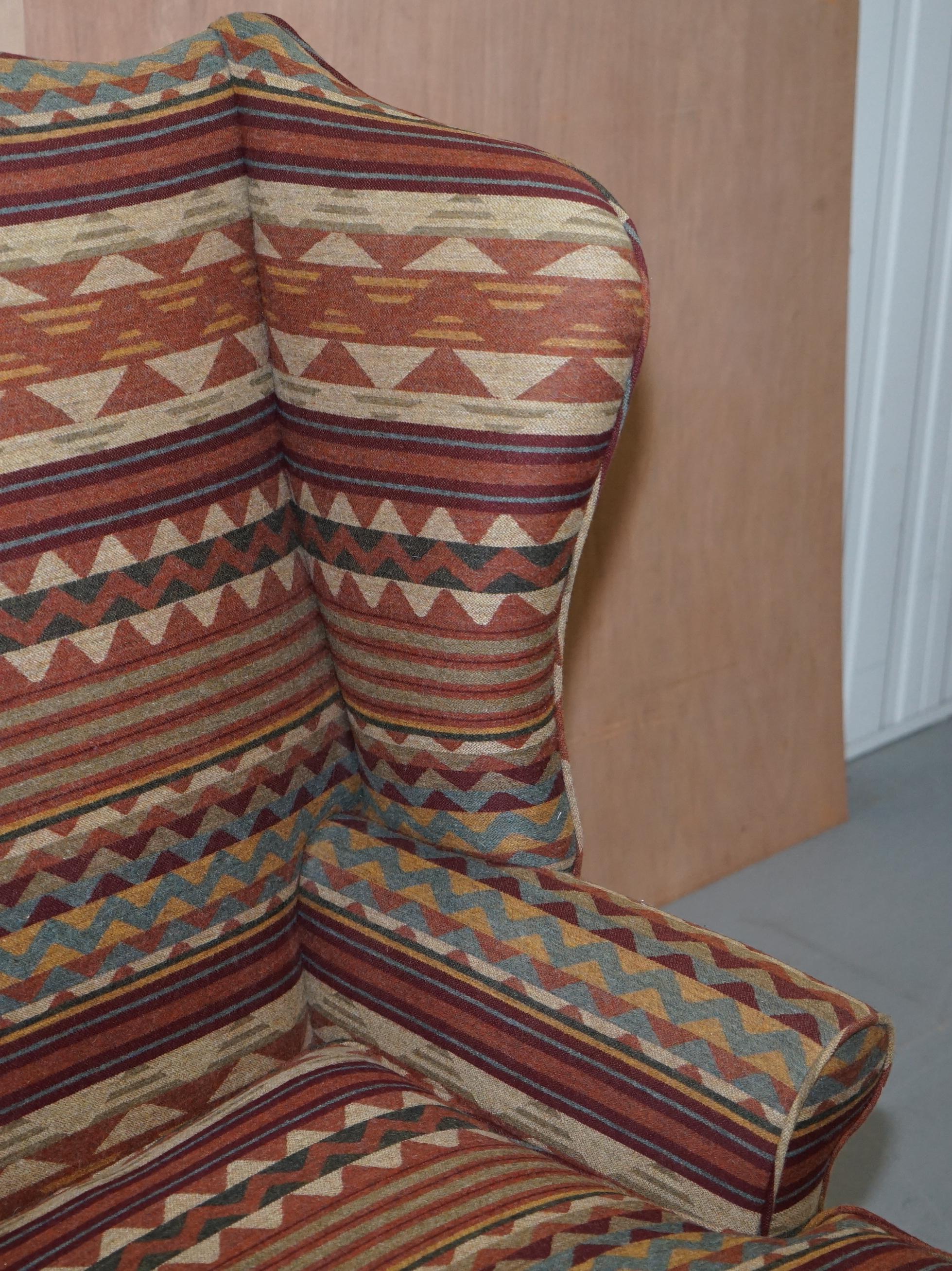 20th Century Stunning Kilim Wool Upholstered Wingback Armchair Beech Frame Diamond Pattern For Sale