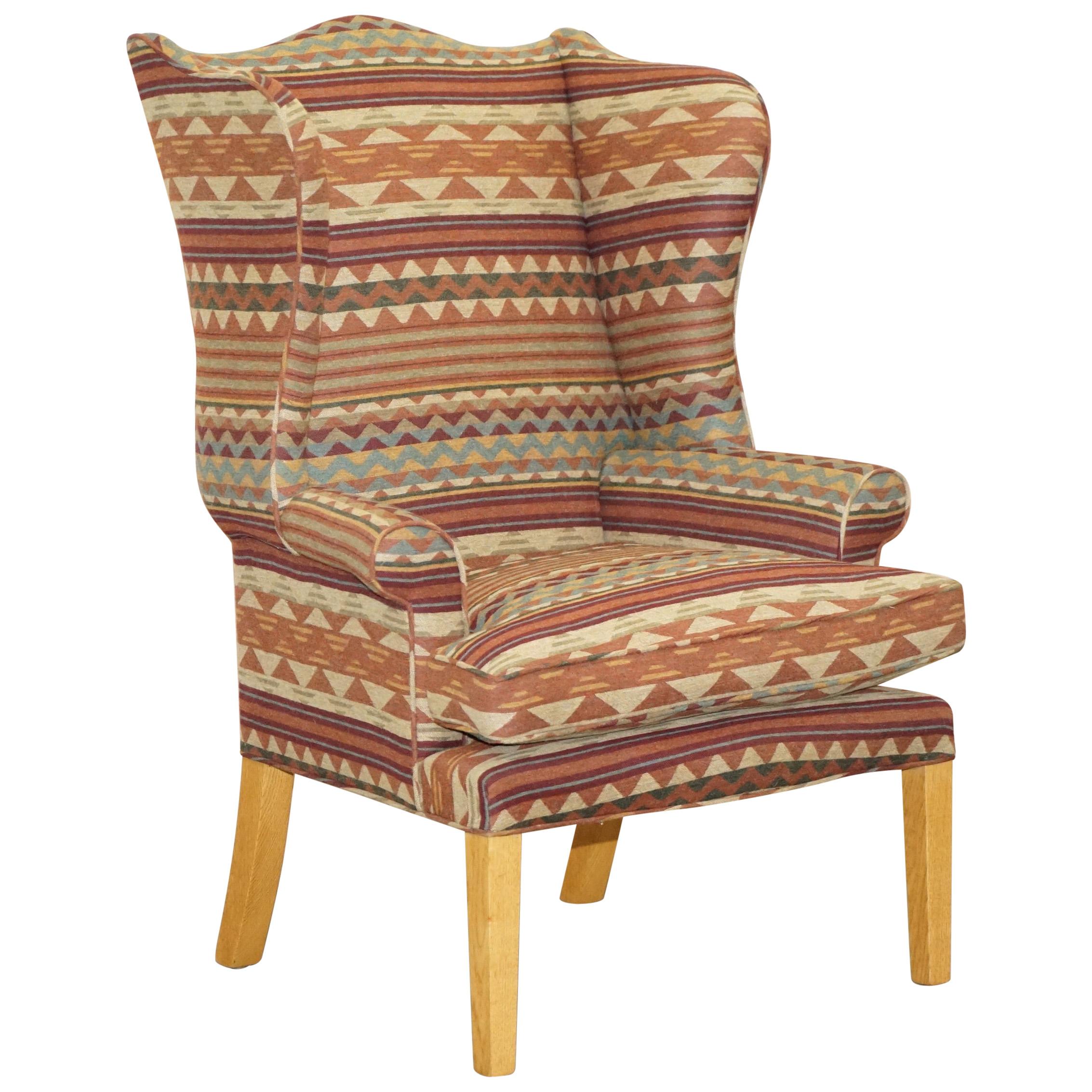 Stunning Kilim Wool Upholstered Wingback Armchair Beech Frame Diamond Pattern For Sale