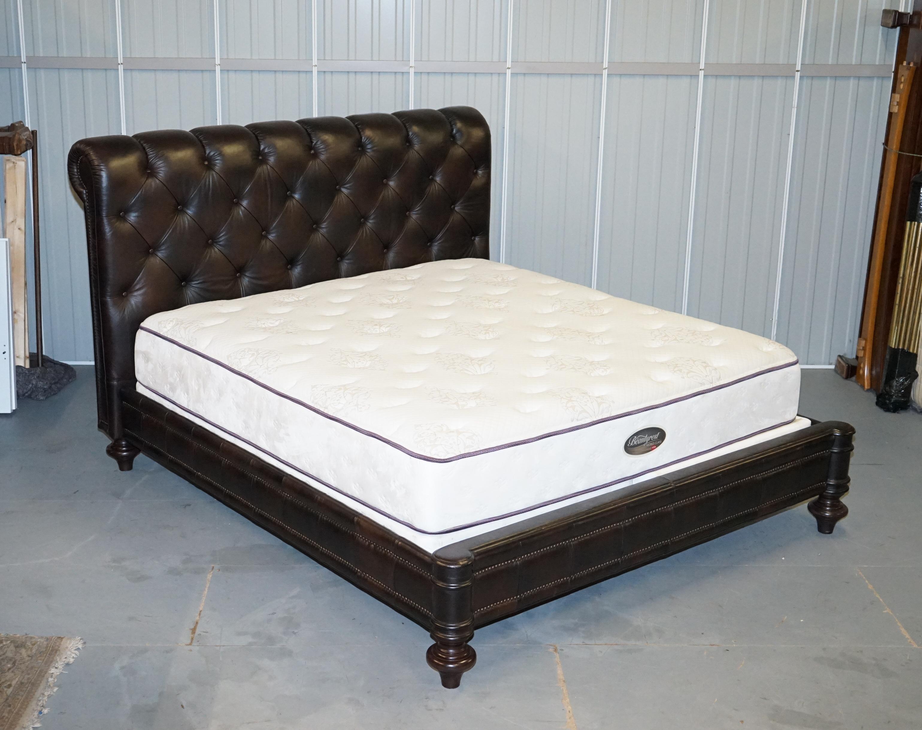 We are delighted to offer for sale this lovely hand made Chesterfield brown leather king size bedframe, mattress and divan bases

A very good looking, extremely comfortable and well made bed, this was bought for a photoshoot, used and then stored,