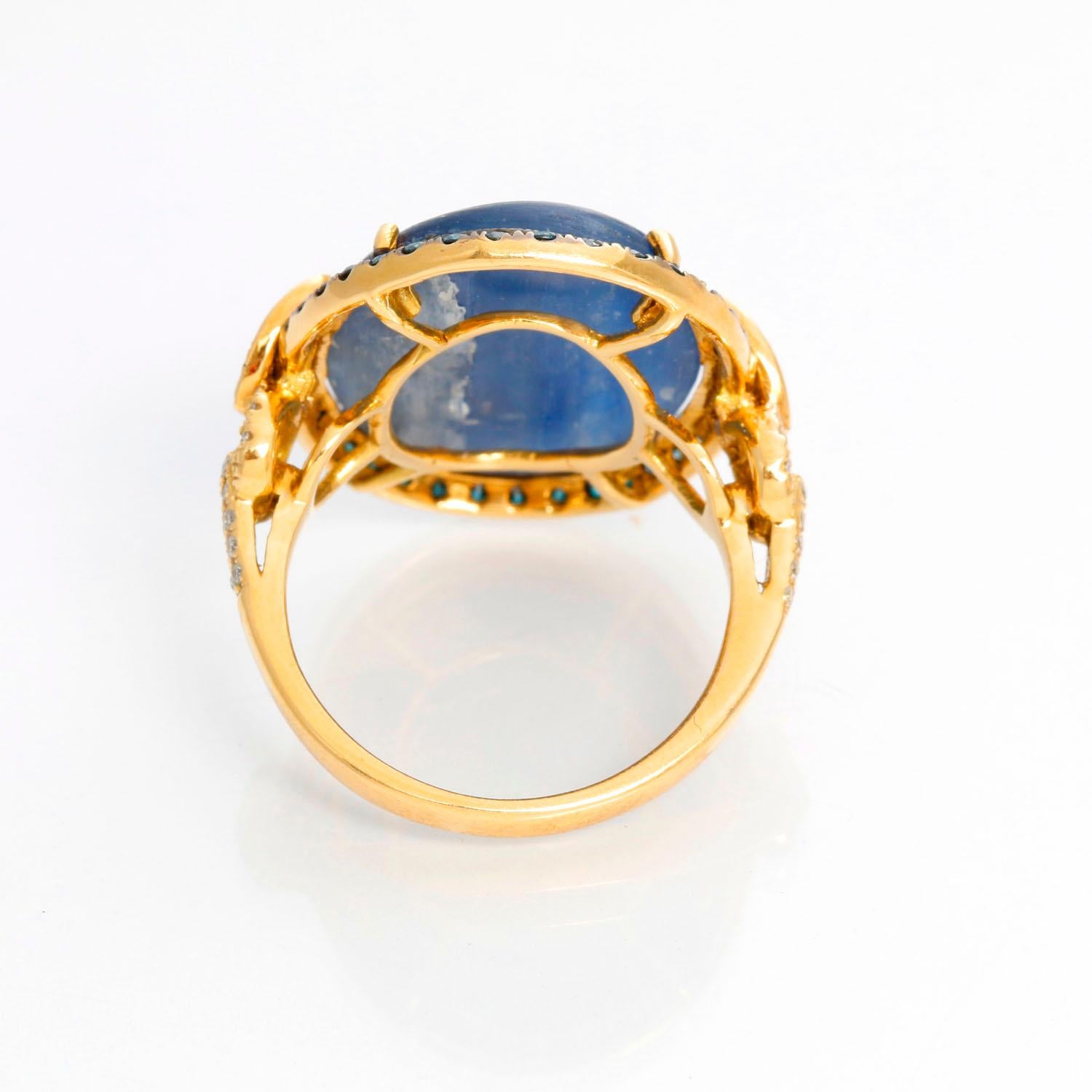 Women's or Men's Stunning Kyanite Blue Diamond White Diamond Yellow Gold Ring