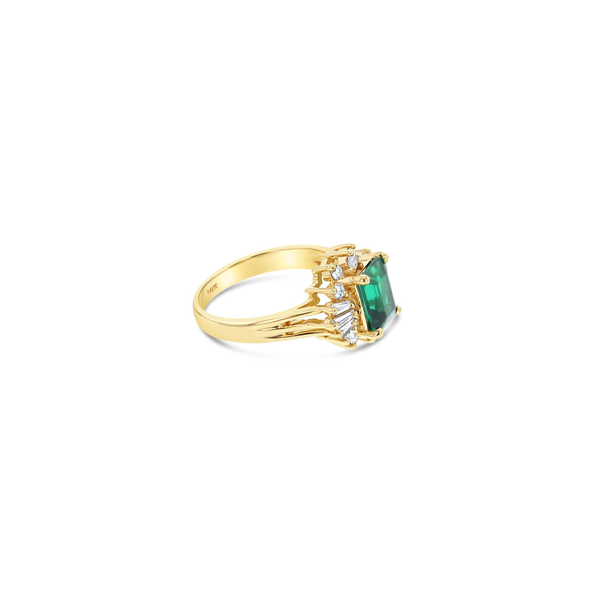 ♥ Product Summary ♥

Main Stone: Lab Generated Emerald & Diamonds
Approx. Diamond Carat Weight: .50cttw 
Emerald Dimensions: 8mm x 6mm 
Stone Cut: Emerald, Round, Tapered Baguette
Metal: 14K Yellow Gold

