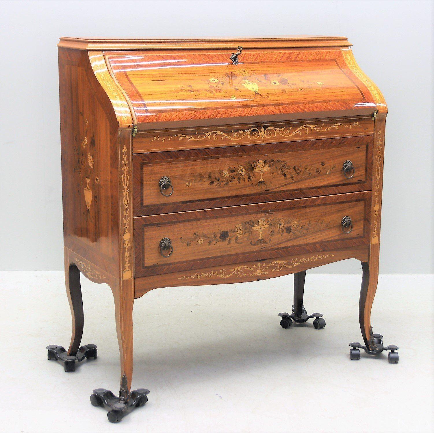 Bring the grandeur into your home with this fantastic secretary desk with stunning marquetry design from the first half of the 20th century. With intricate inlay work and nearly perfect shiny finish, it's graceful curves and original gorgeous