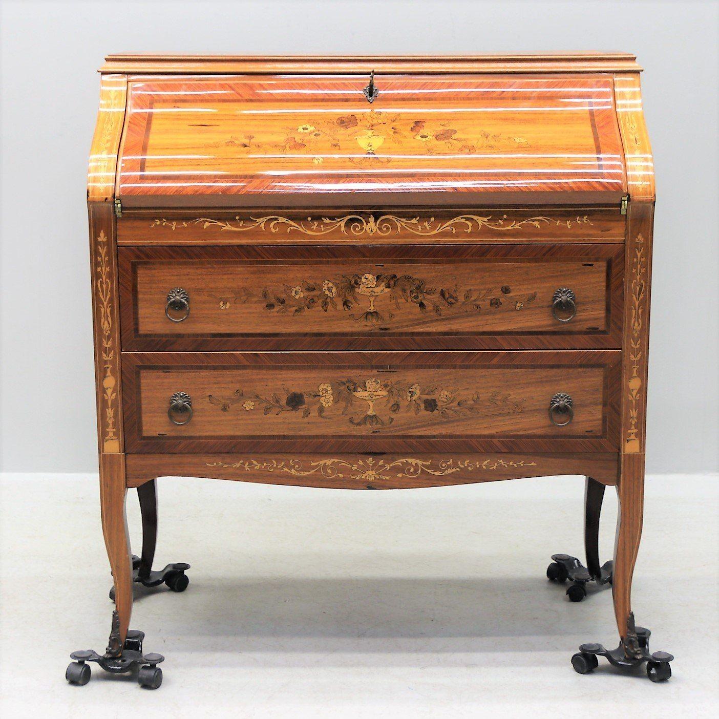 Gustavian Stunning Lacquered Inlay Secretary with Gorgeous Hardware For Sale