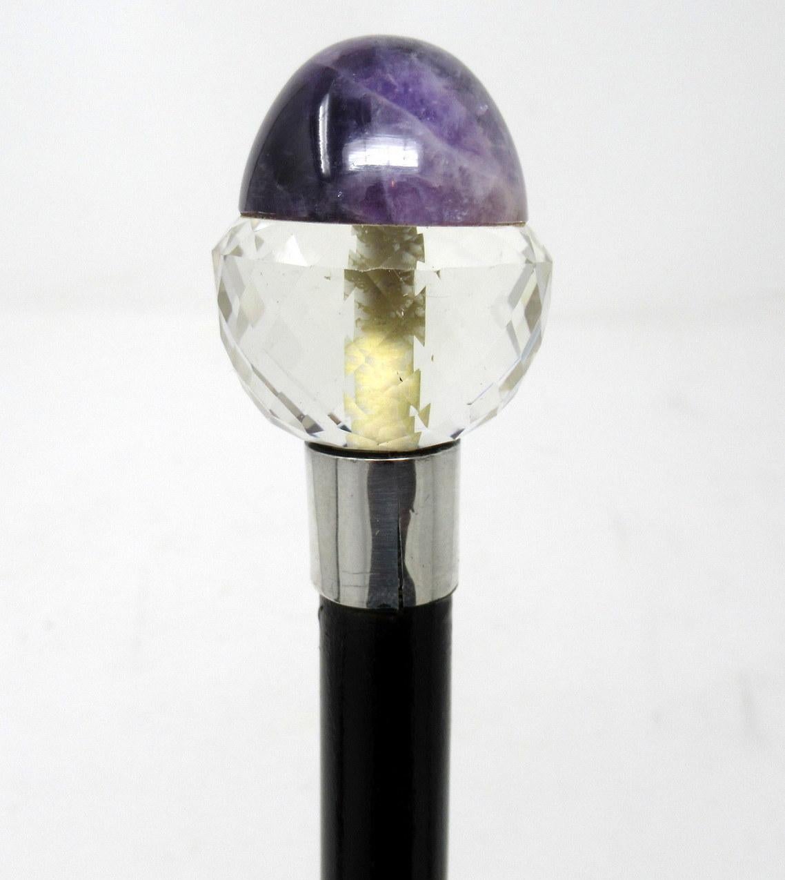 English Stunning Ladies Ebonized Walking Swagger Cane Cut Crystal Amethyst Grip