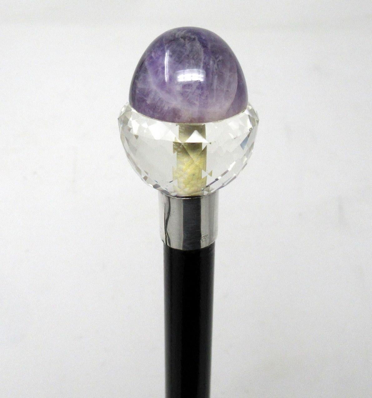 Stunning Ladies Ebonized Walking Swagger Cane Cut Crystal Amethyst Grip In Good Condition In Dublin, Ireland