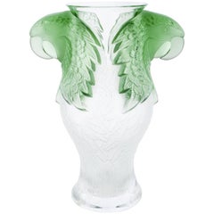 Stunning Lalique France Crystal Frosted amp Green Macao Macaw Vase Ltd of 99