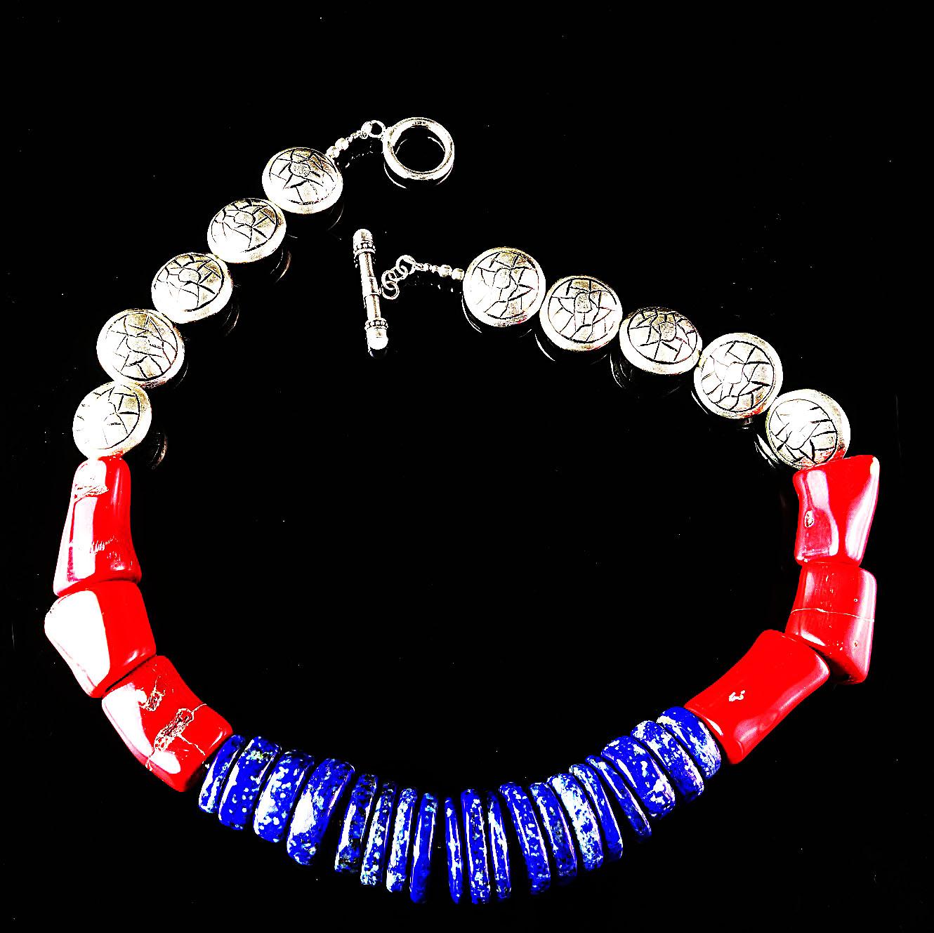 AJD Stunning Lapis Lazuli, Coral and Silver Necklace In New Condition In Raleigh, NC