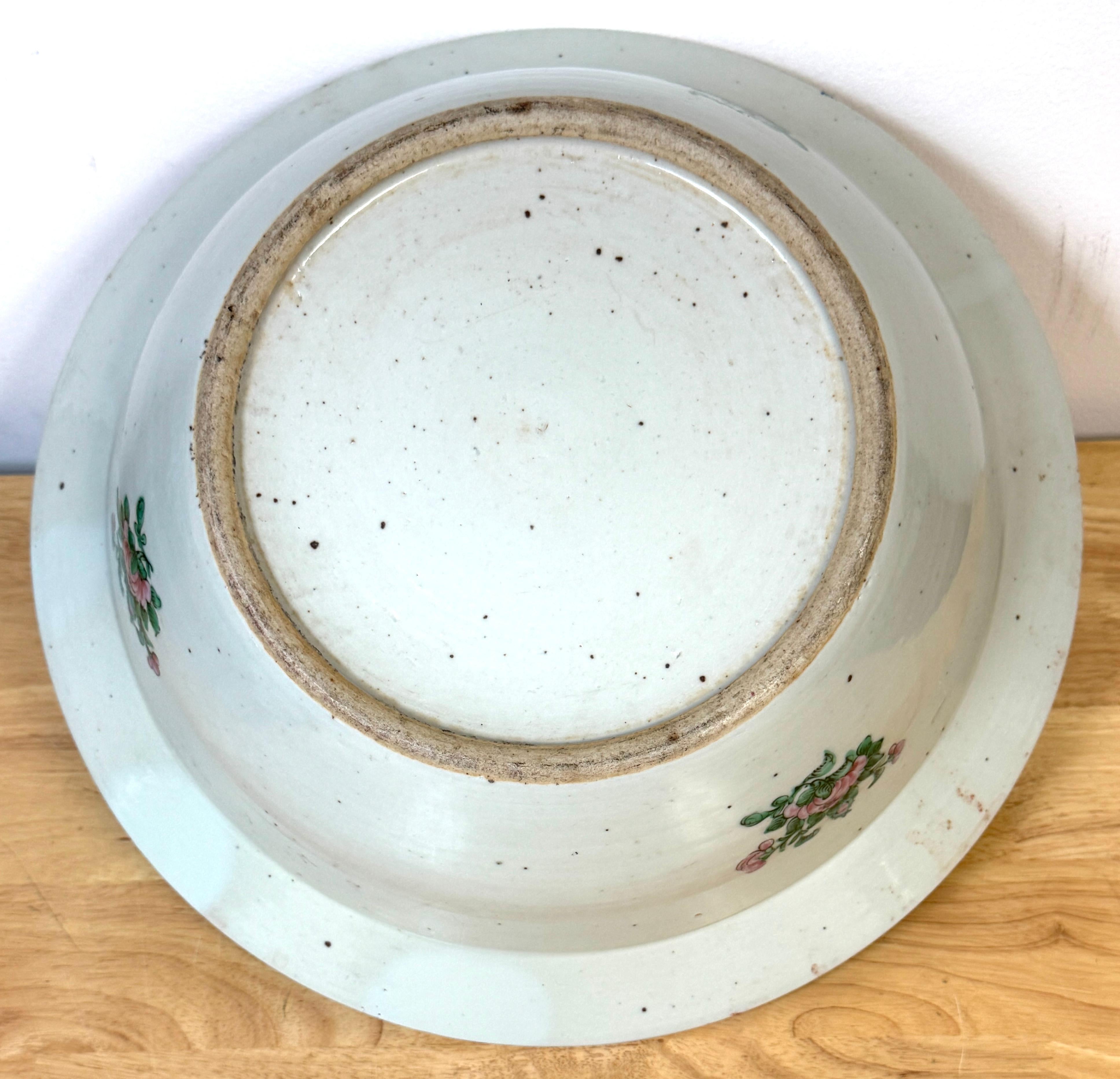 Enameled Stunning Large 19th Century Rose Medallion Rimed Bowl/Basin For Sale