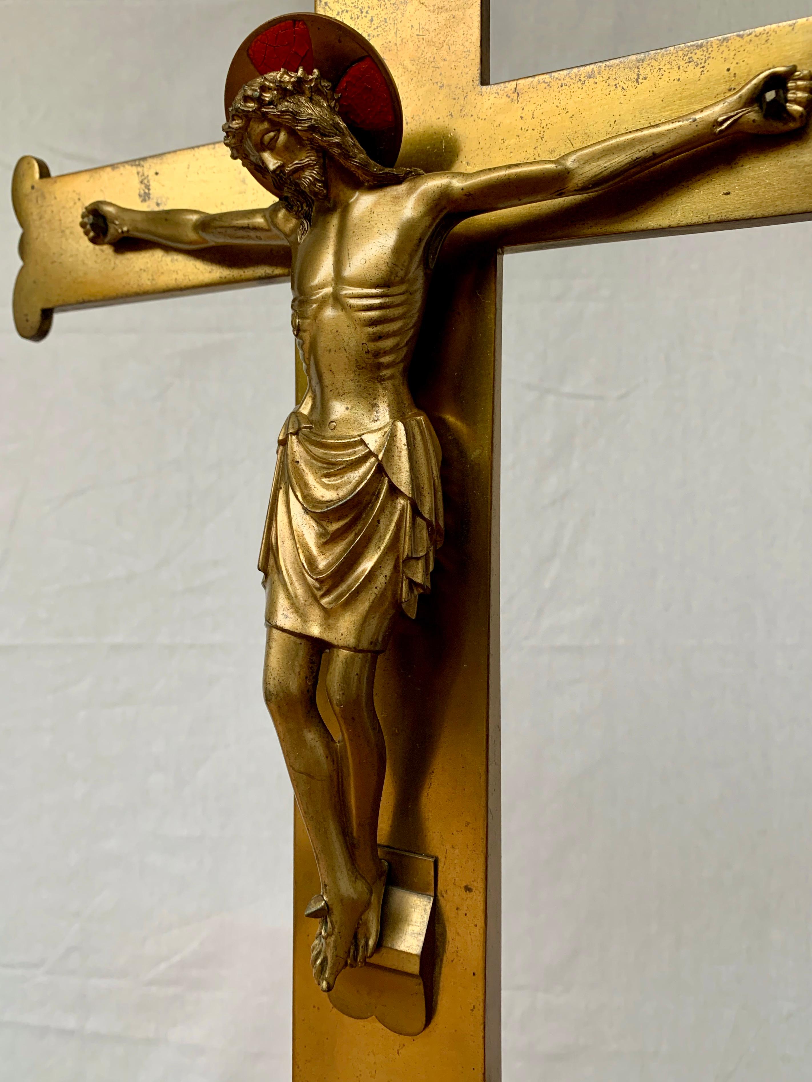 European Stunning & Large Altar Crucifix with Detailed Bronze Sculpture of Christ, 1910s