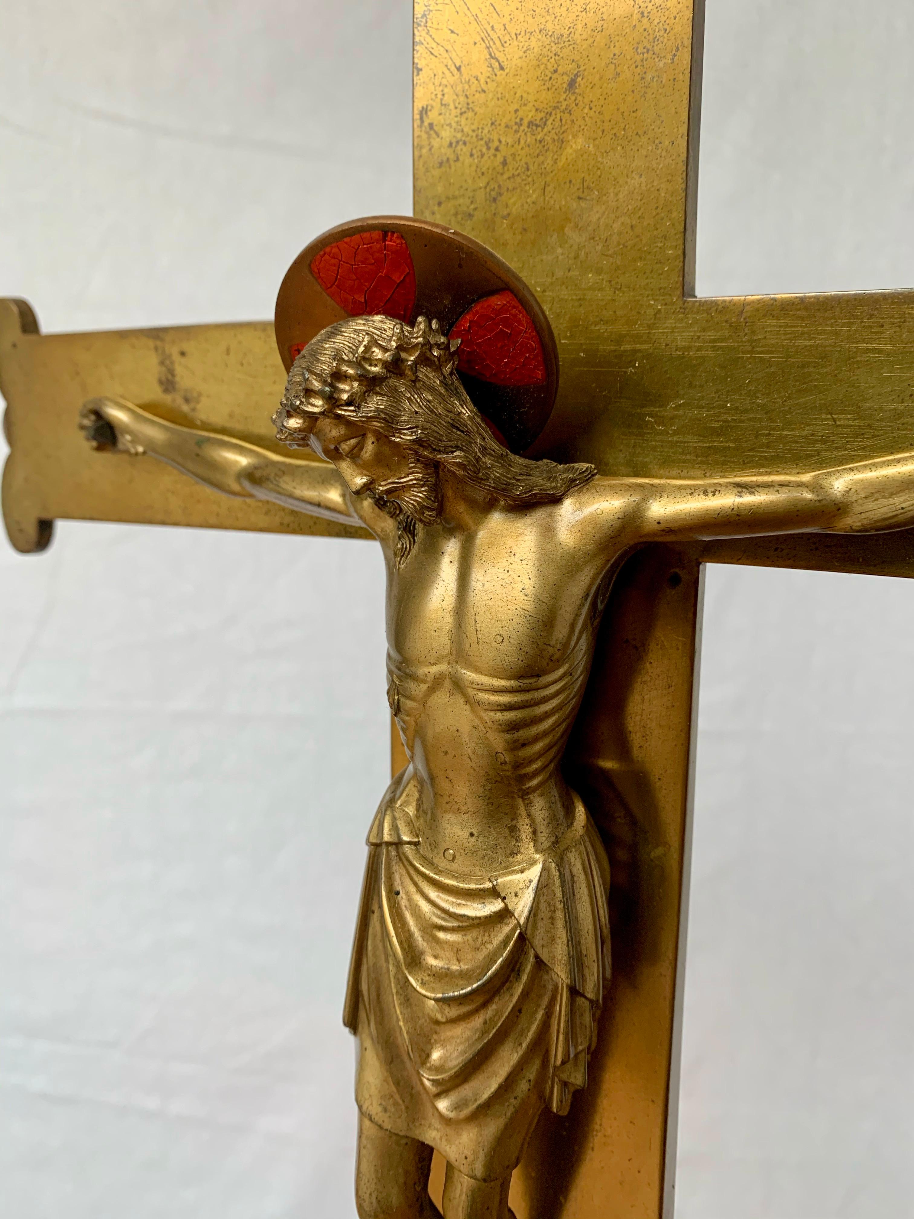 Polished Stunning & Large Altar Crucifix with Detailed Bronze Sculpture of Christ, 1910s